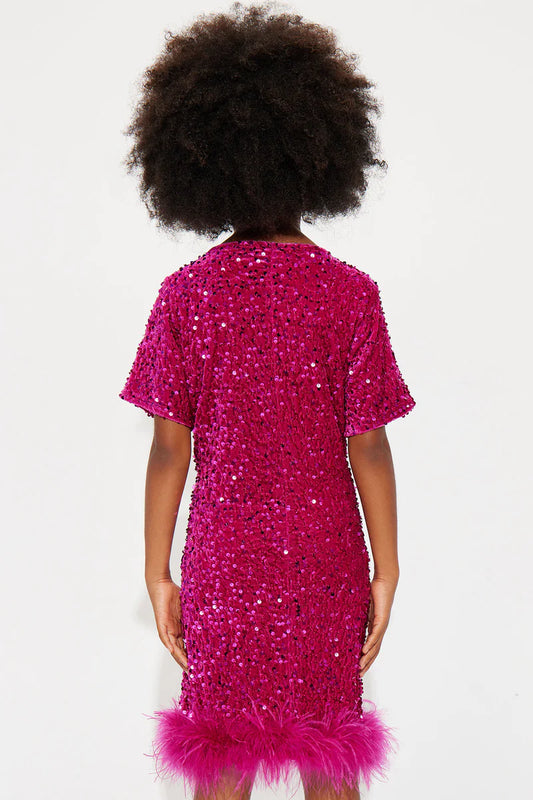 Mini Christy Sequin Feather Trim T-Shirt Mini Dress - Pink