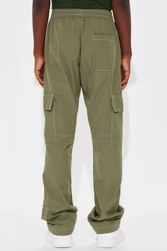 Mini Contrast Stitched Nylon Cargo Flared Pants - Olive