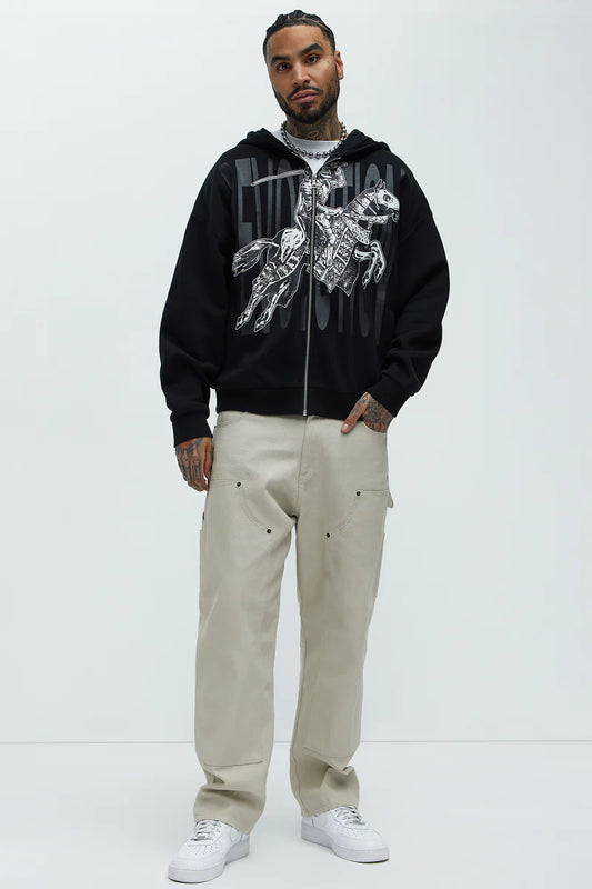 Tyson Crusader Printed Oversized Zip Hoodie - Black