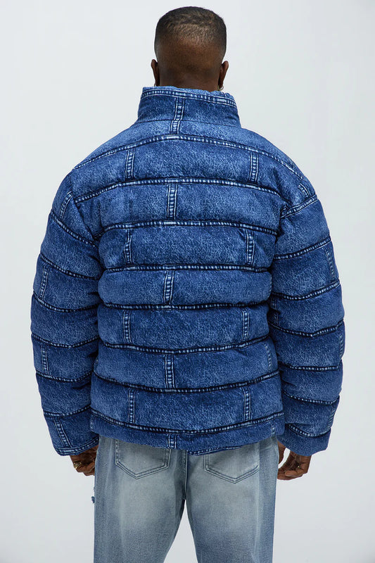 Jersey Printed Denim Puffer - Blue/combo