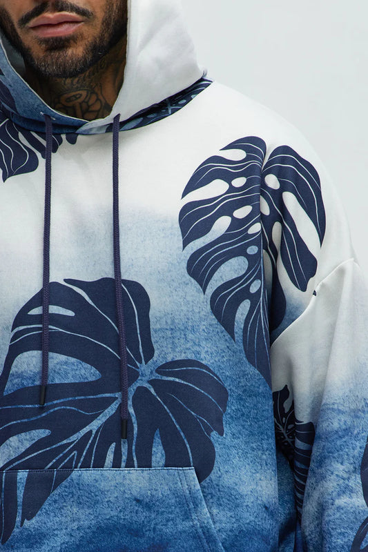 Pohai Printed Foliage Oversized Hoodie - Blue/combo