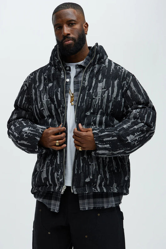 Keith Distressed Tapestry Puffer - Black