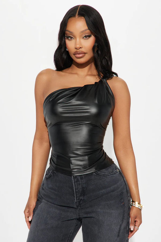 Fable Faux Leather One Shoulder Top - Burgundy