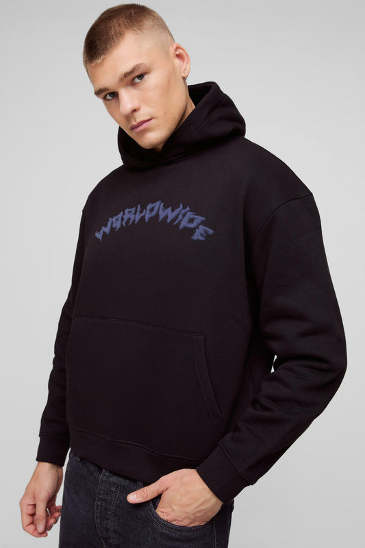 Oversized Boxy Flock Printed Cross Hoodie