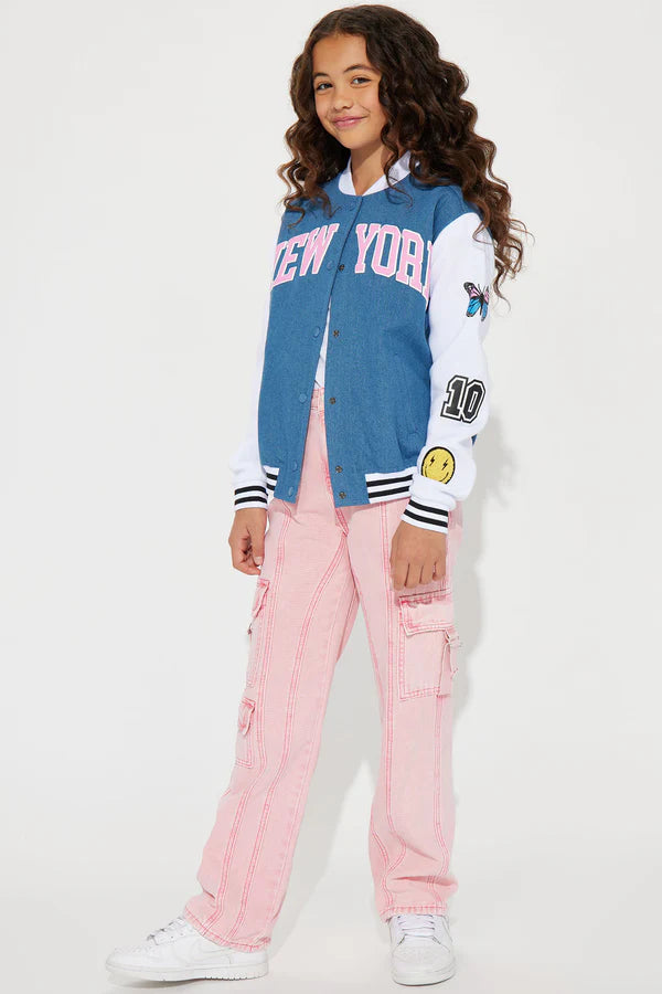 MINI DENIM VARSITY JACKET- INDIGO BLUE - Indigo