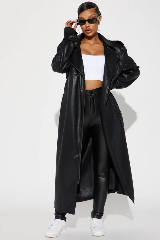 Late Night Drives Faux Leather Coat - Black