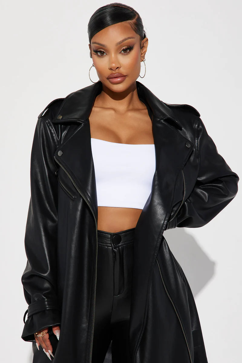 Late Night Drives Faux Leather Coat - Black