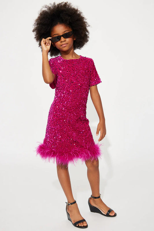 Mini Christy Sequin Feather Trim T-Shirt Mini Dress - Pink