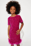 Mini Christy Sequin Feather Trim T-Shirt Mini Dress - Pink