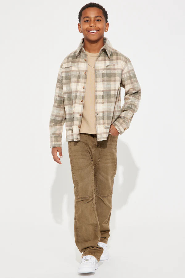 Mini Victory Frayed Flannel Overshirt - Taupe
