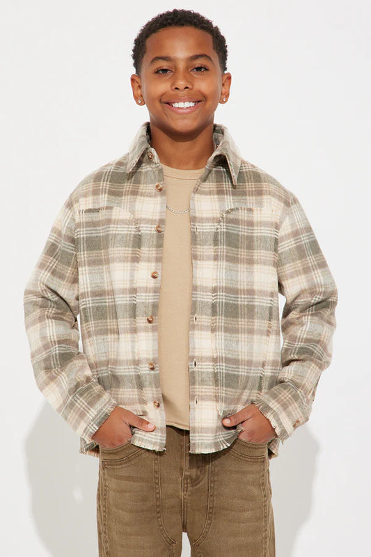 Mini Victory Frayed Flannel Overshirt - Taupe
