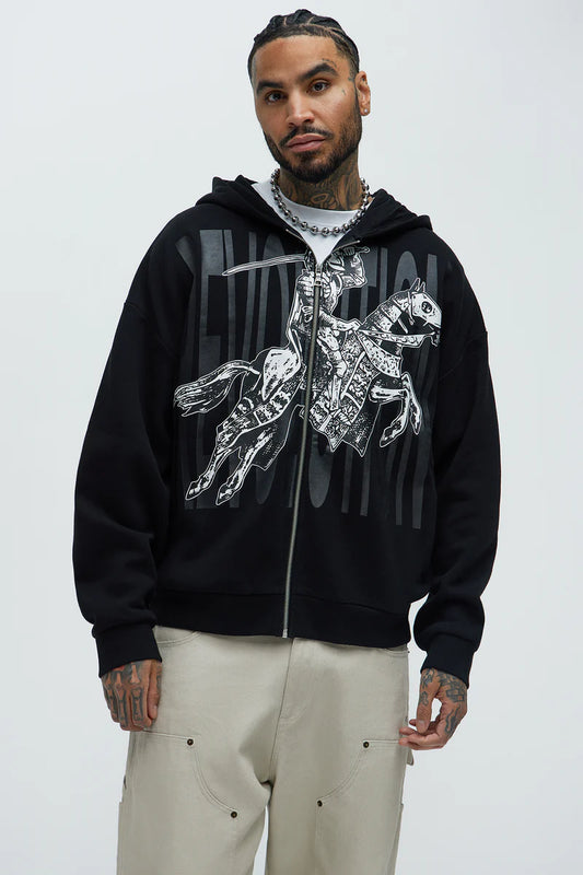 Tyson Crusader Printed Oversized Zip Hoodie - Black
