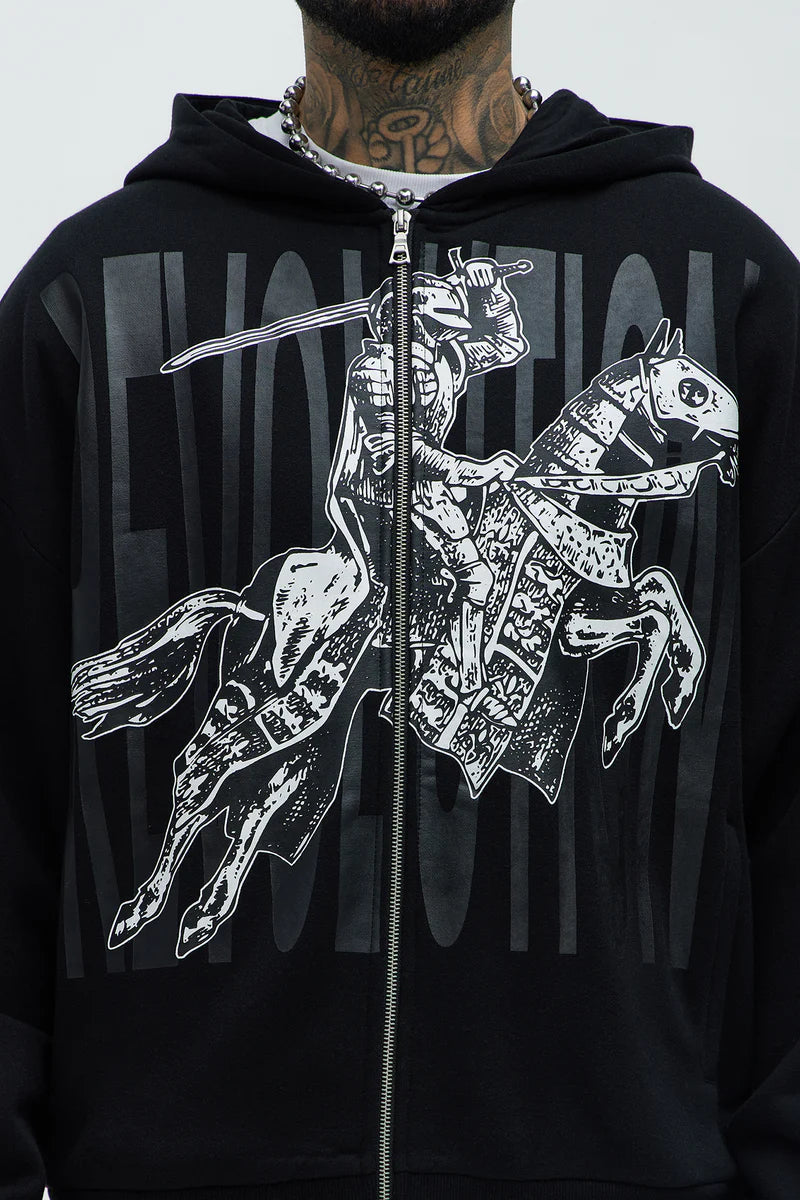 Tyson Crusader Printed Oversized Zip Hoodie - Black
