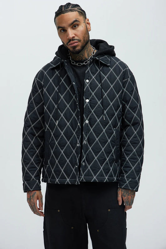 Wait Right Here Quilted Hooded Jacket - Black/combo