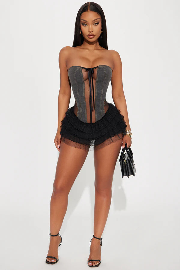 Lost Angel Stretch Denim Micro Mini Dress - Black Wash ADEORE Lost Angel Stretch Denim Micro Mini Dress - Black Wash ADEORE