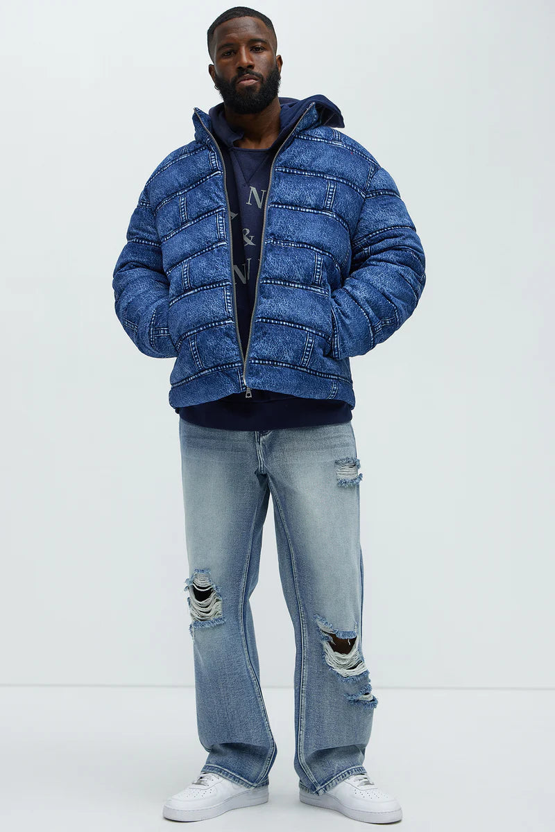 Jersey Printed Denim Puffer - Blue/combo