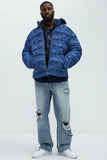 Jersey Printed Denim Puffer - Blue/combo