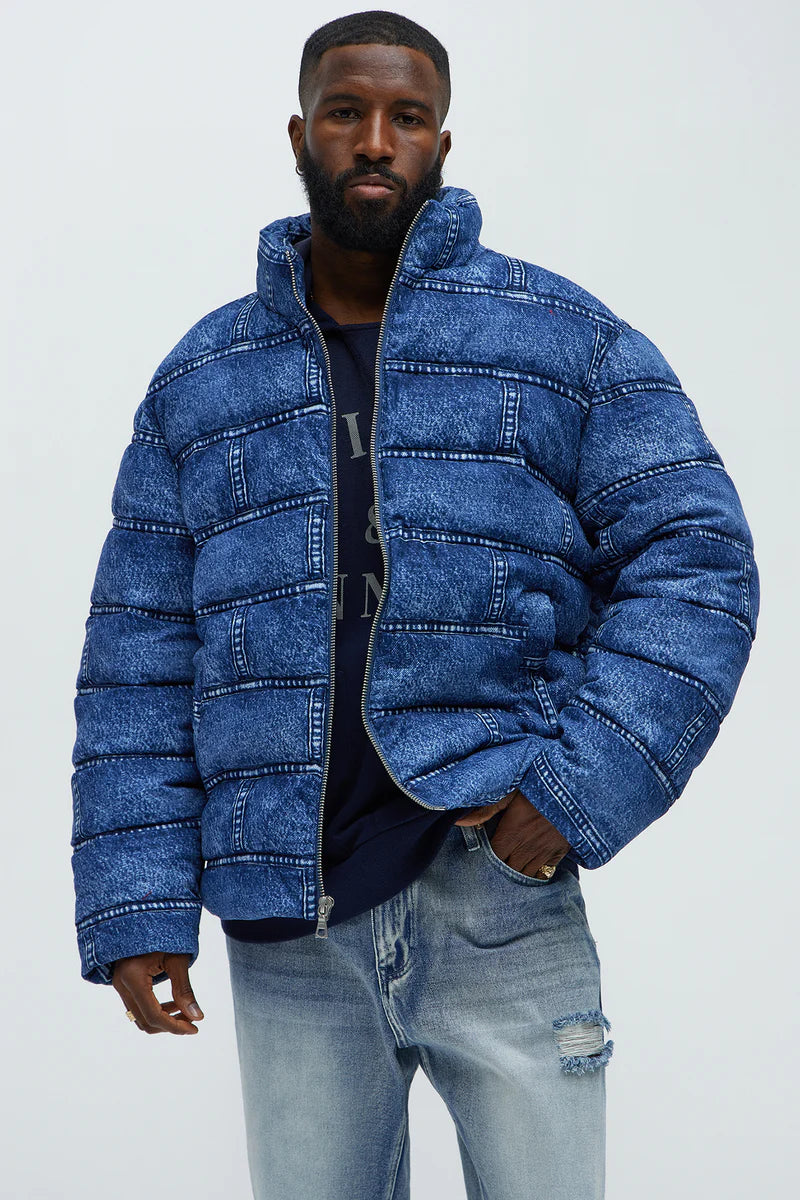 Jersey Printed Denim Puffer - Blue/combo