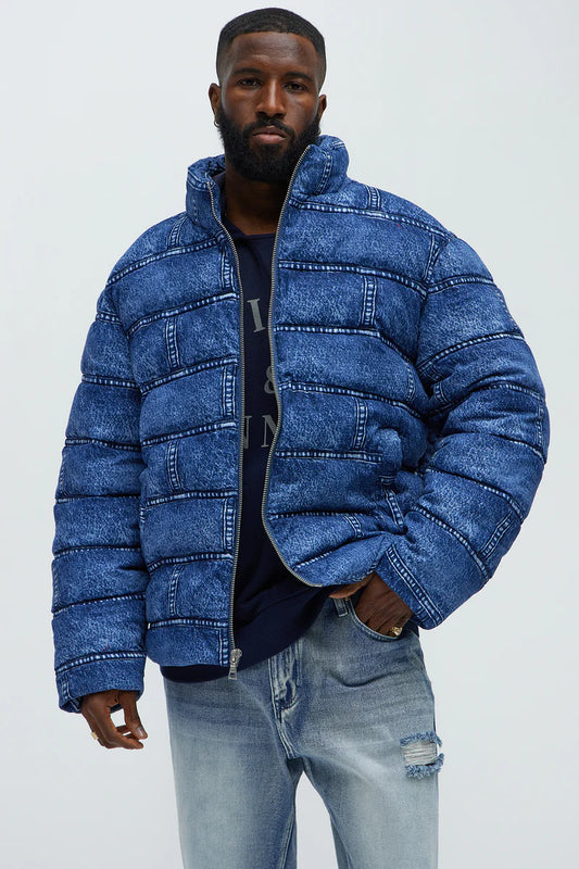 Jersey Printed Denim Puffer - Blue/combo