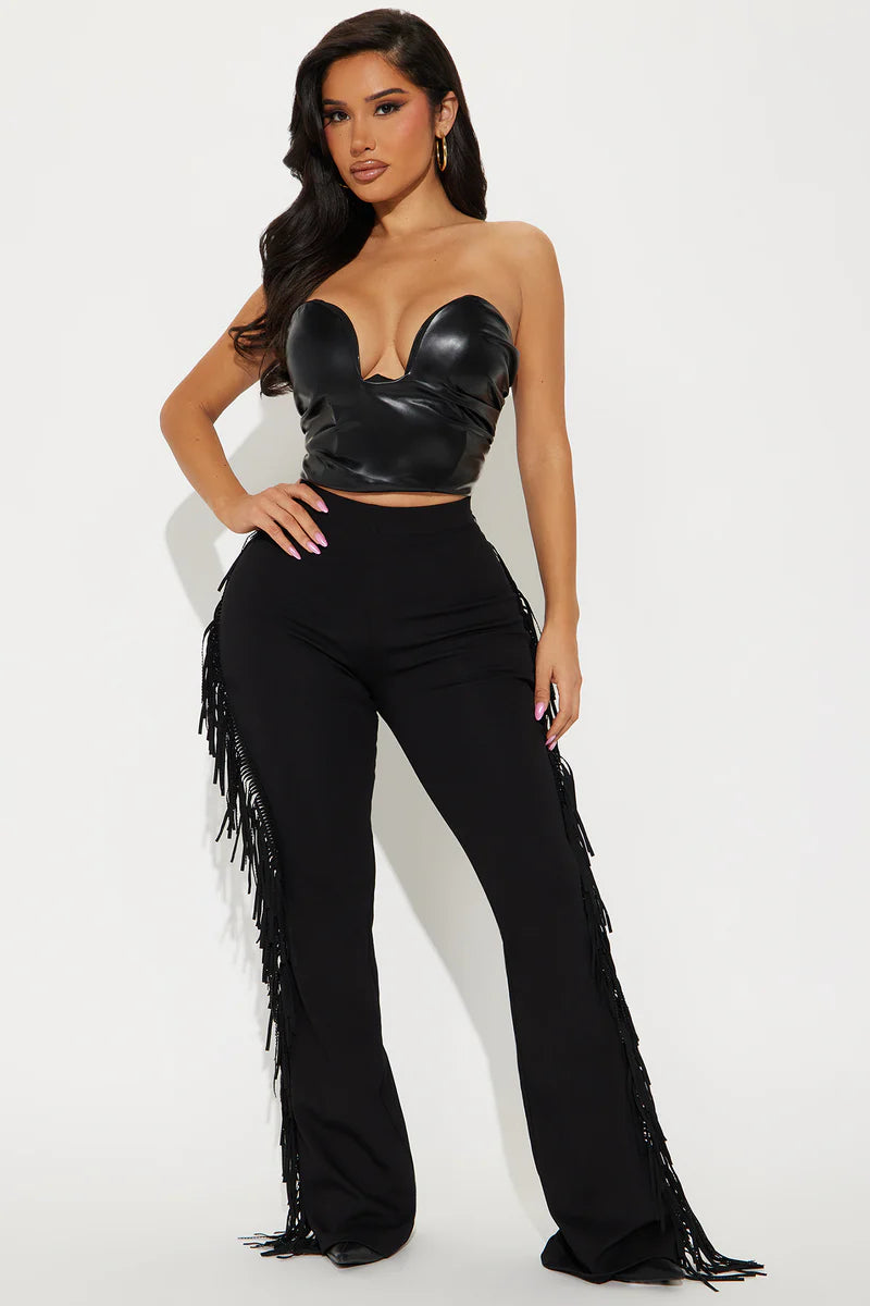 Think Of Me Always Rhinestone Fringe Flare Pant - Black