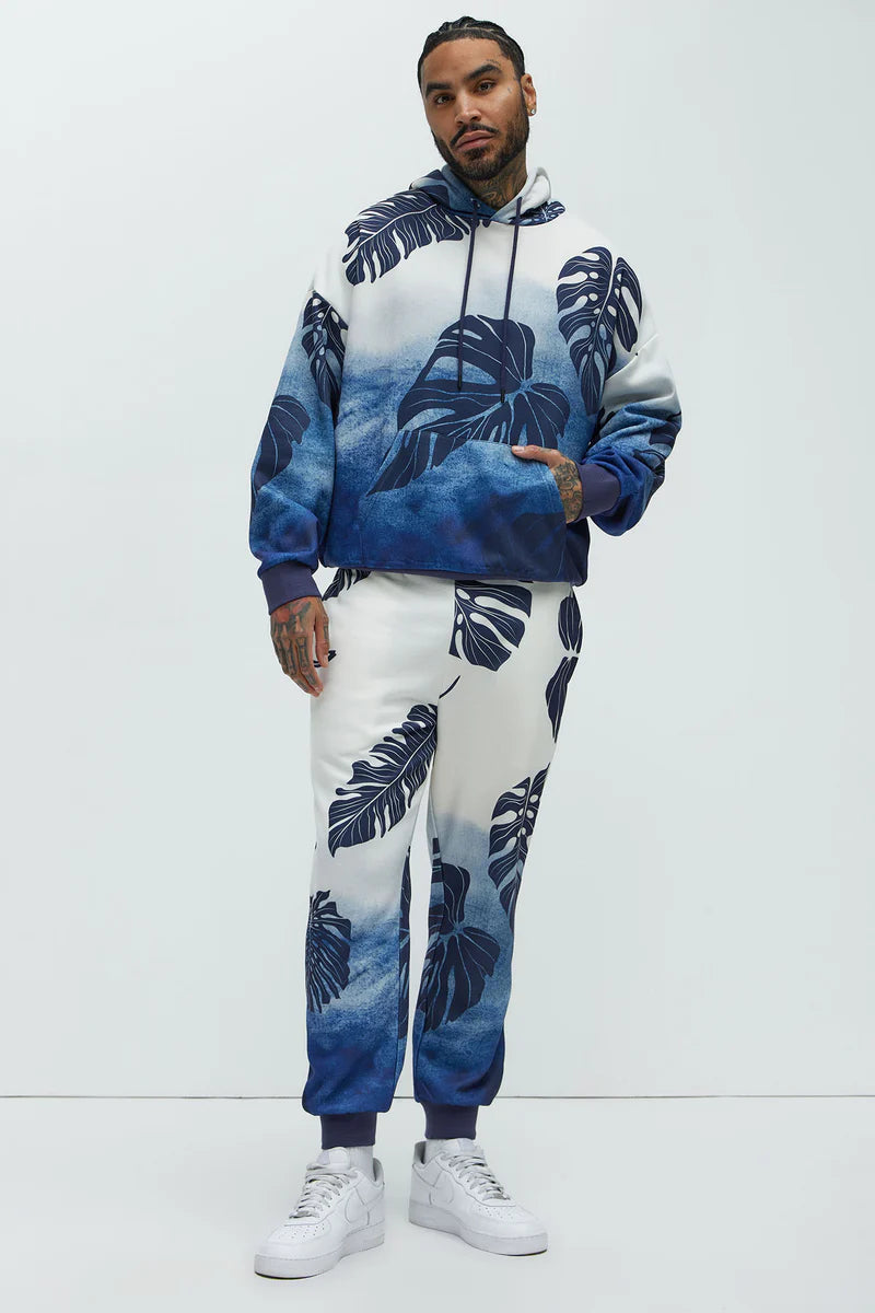 Pohai Printed Foliage Oversized Hoodie - Blue/combo