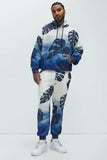 Pohai Printed Foliage Oversized Hoodie - Blue/combo