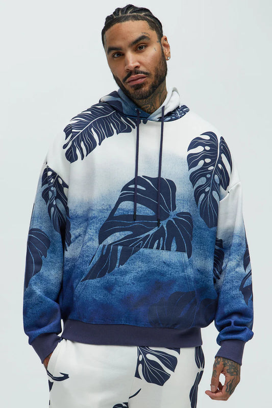 Pohai Printed Foliage Oversized Hoodie - Blue/combo
