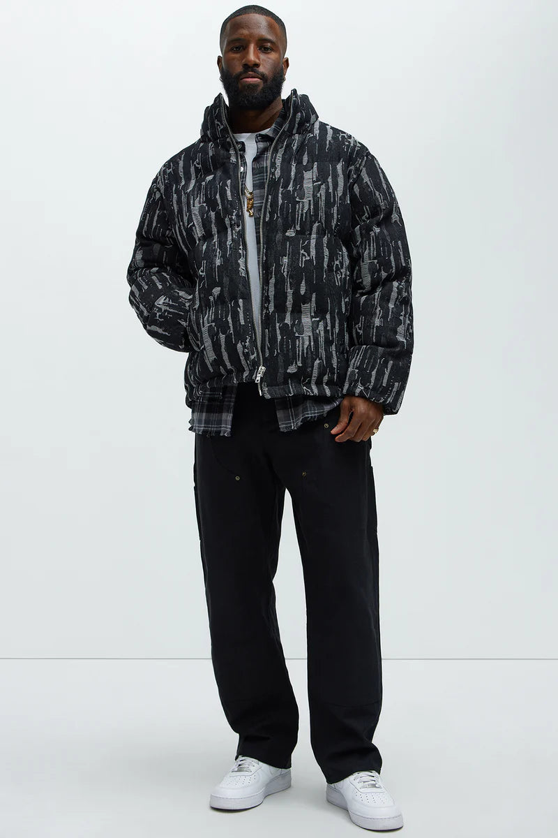 Keith Distressed Tapestry Puffer - Black