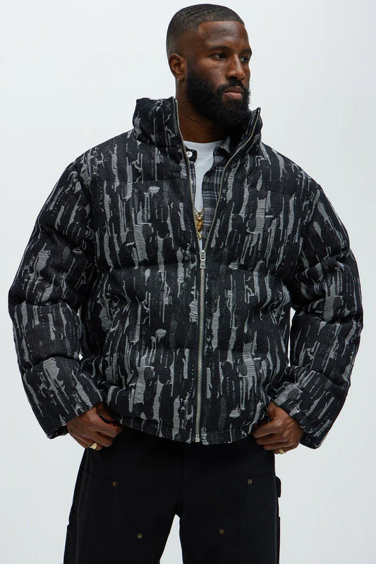 Keith Distressed Tapestry Puffer - Black