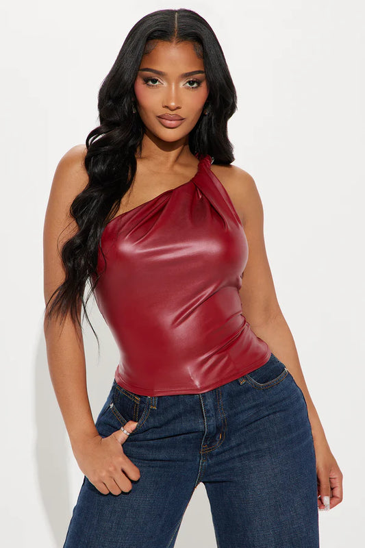 Fable Faux Leather One Shoulder Top - Burgundy