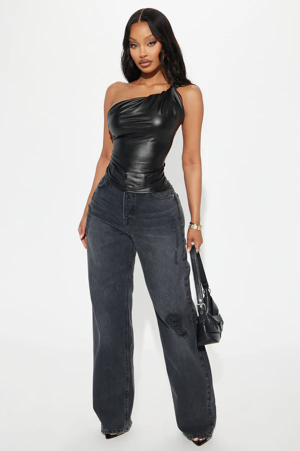 Fable Faux Leather One Shoulder Top - Burgundy