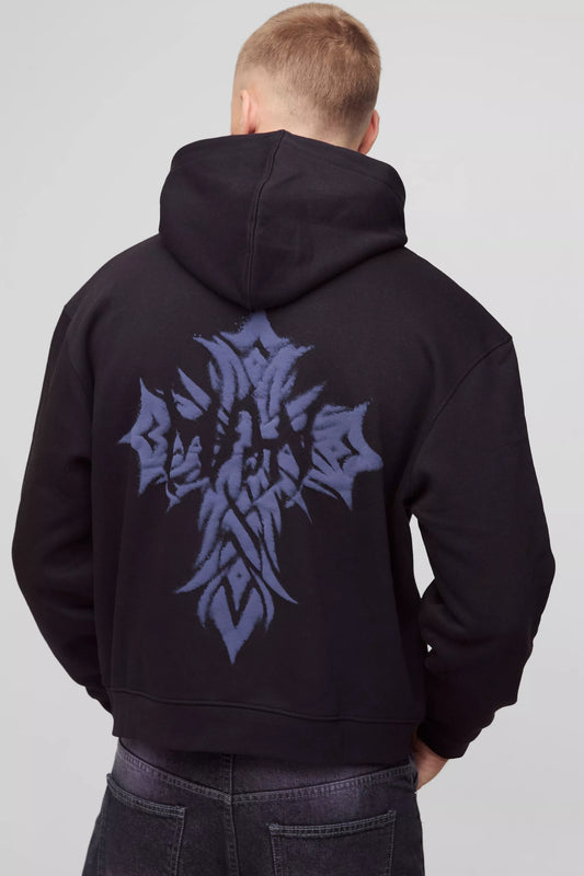 Oversized Boxy Flock Printed Cross Hoodie